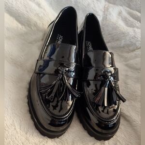 Jones NY  "Priscilla" Black Patent Leather Tassel Loafers w/ Chunky Lug Sole